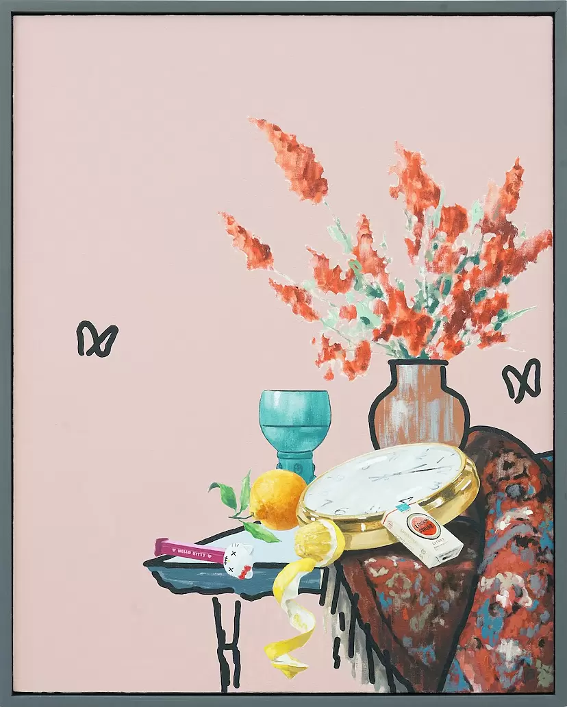 Still Life with Watch, Fruit, and Red Flowers