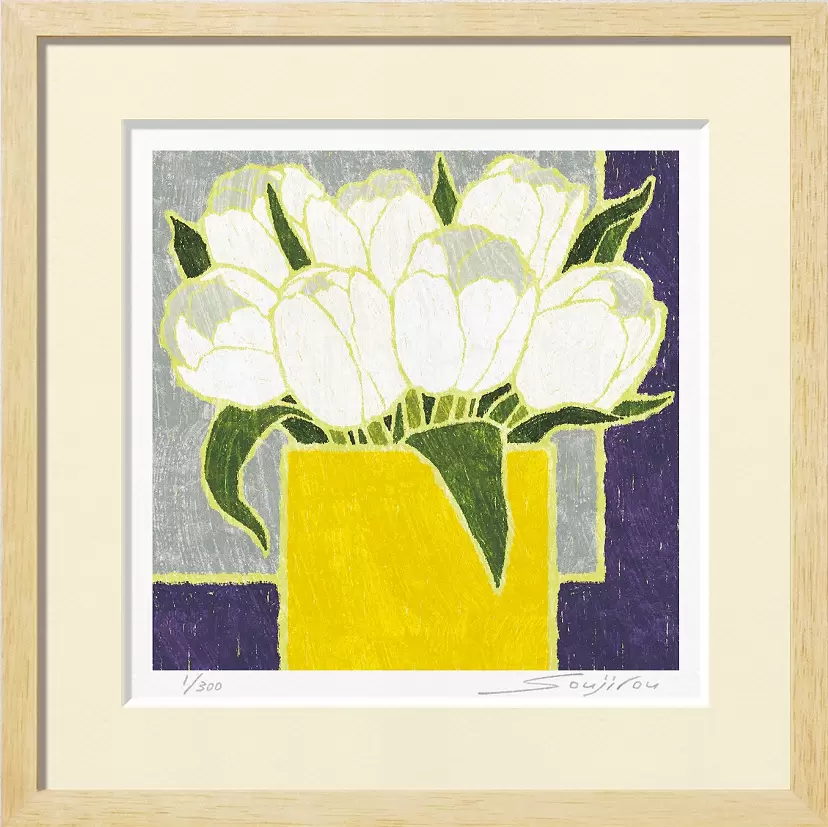 【真作】版画　銅版画　幻想の白い花　静謐な癒しの一枚　やさしい色彩　W67 真作】版画 銅版画 幻想の白い花 静謐な癒しの一枚 やさしい