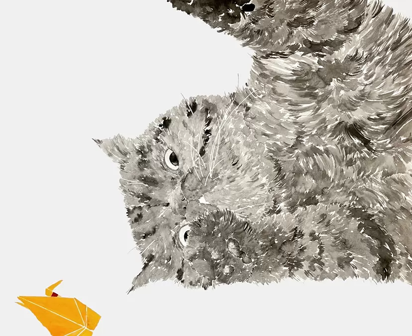 猫　折り鶴