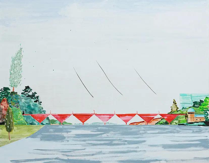 Red bridge,・Rain・Lake