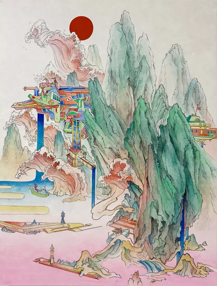 山海波濤桃源図