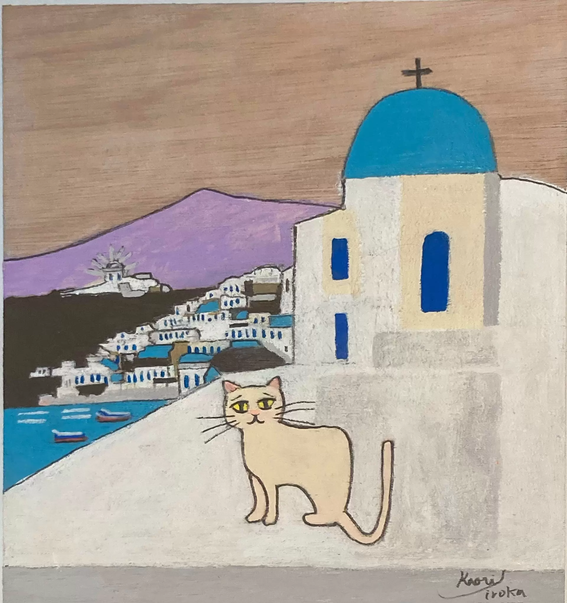 青猫会　minako✿ カーキ42 ミコノスと青い海とネコ by IROKA | 現代アートの販売・通販 | ArtSticker
