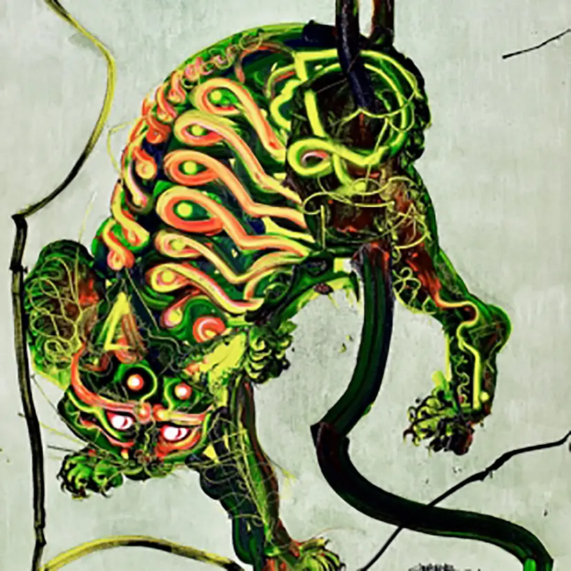 線を捕まえる猫図〜河鍋暁斎 蛙を捕まえる猫図より by 木原 千春