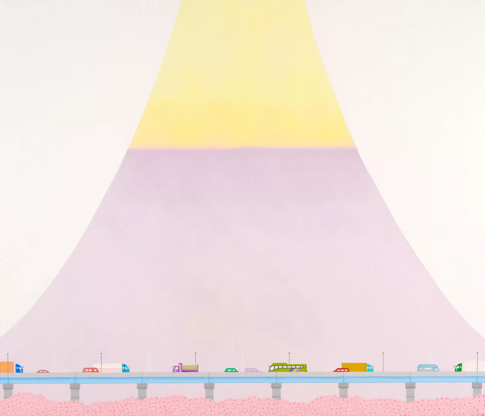 山。春天的富士和高速公路