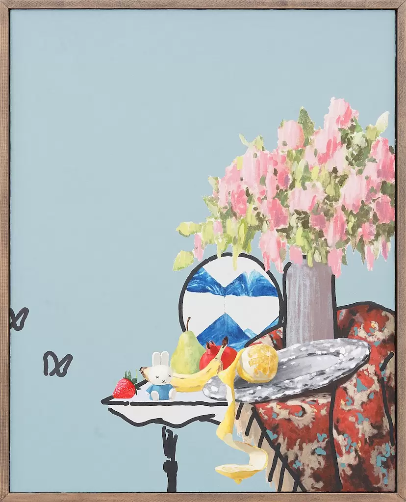 Still Life with Hourglass, Fruits, and Pink Flowers by Wataru Ozu