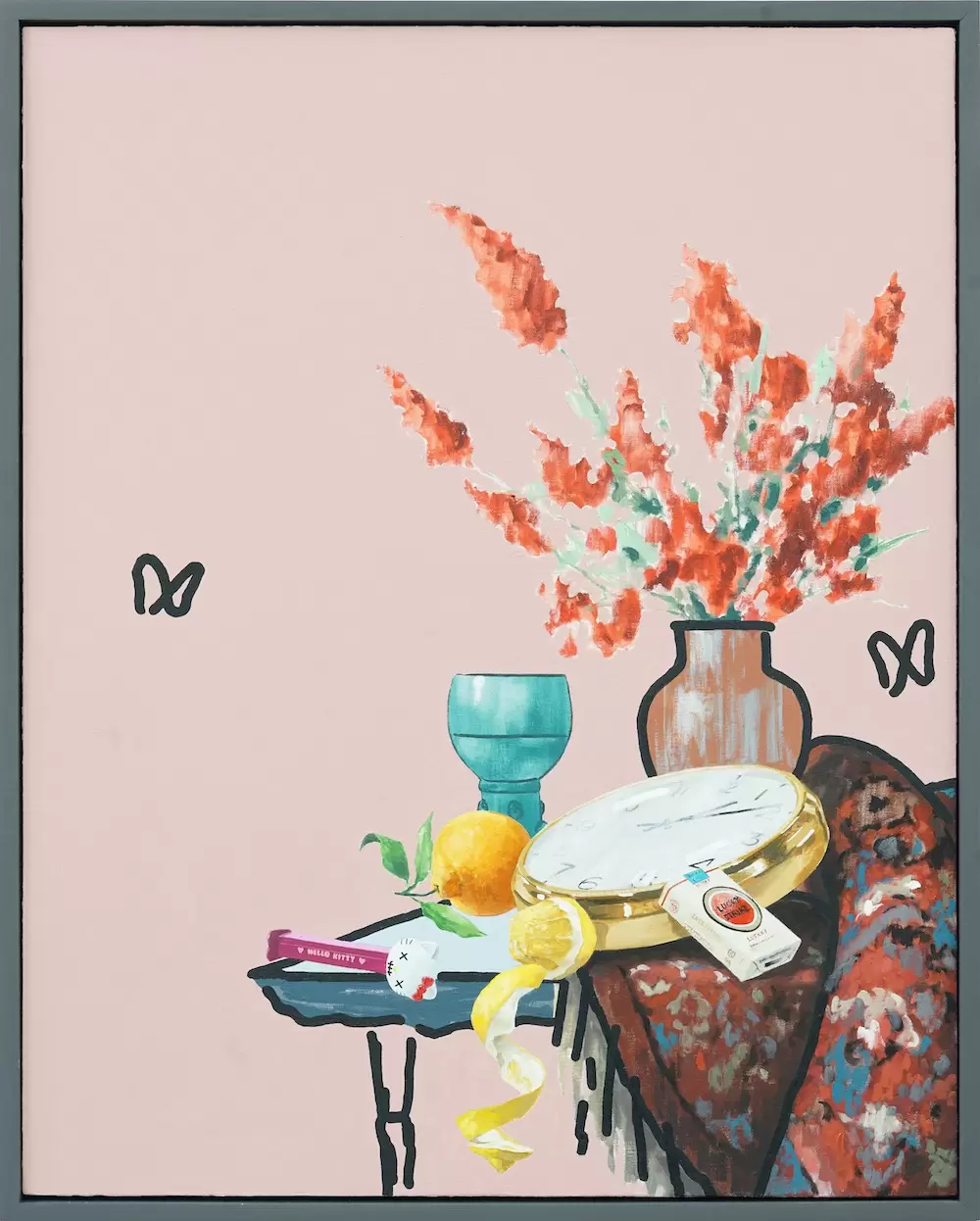 Still Life with Watch, Fruit, and Red Flowers