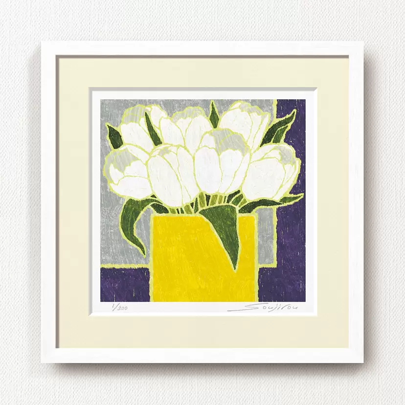 白い花瓶の花（アクリル画） 四角の花瓶と白いチューリップ（FW-048・30角） by 藤谷壮仁郎