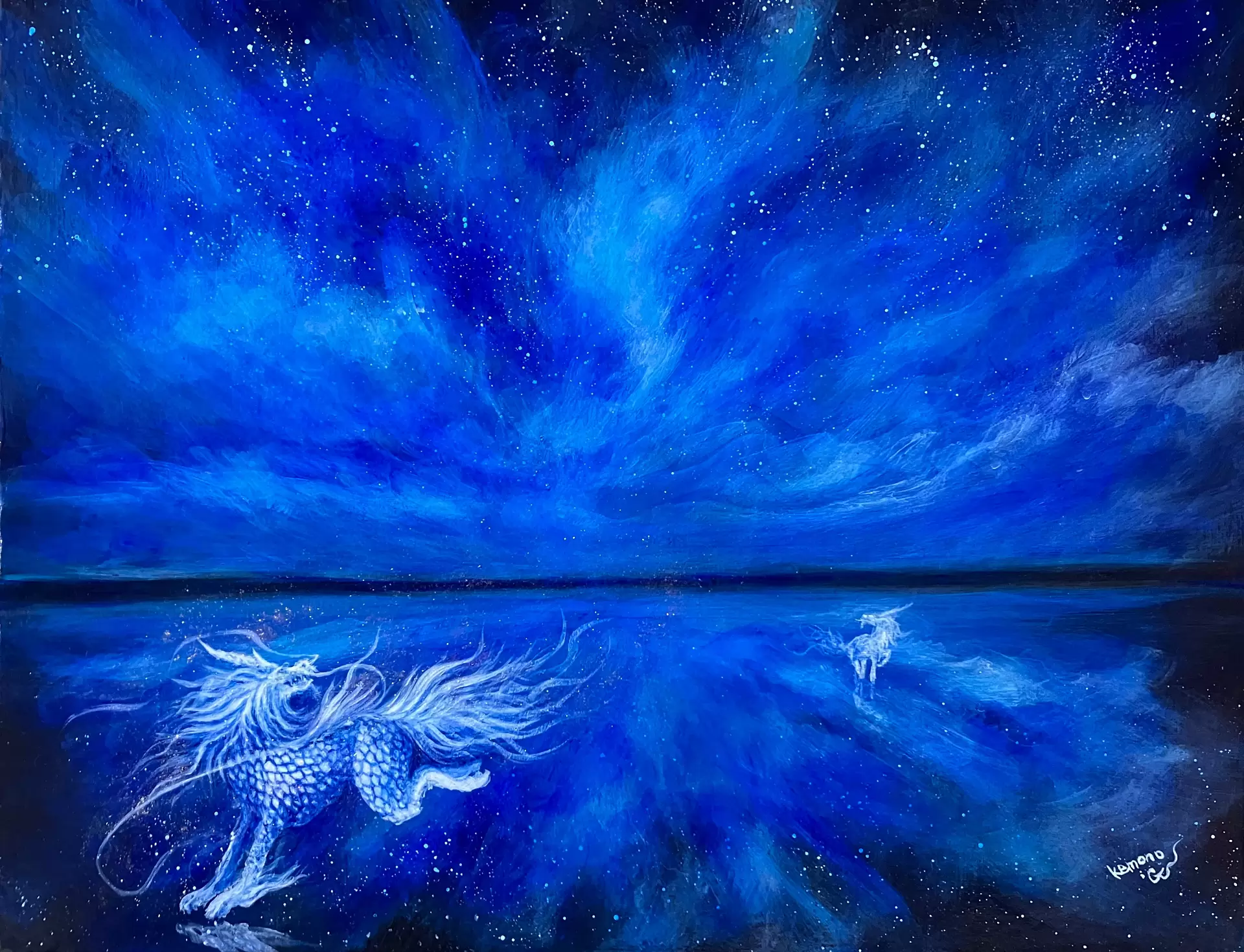 絵画　アクリル画　原画　蒼月　そうげつ　ブルームーン　テクスチャーアート　Ｓ.Ｉ 世界が溶け合う蒼の地平 by kemono gallery | 現代アートの販売・通販