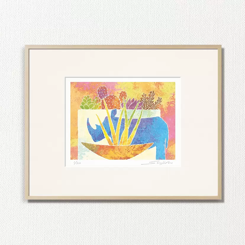 Rhino figurine, sansevieria, and succulent plant group planting (PP-006-4, half cut) by Fujitani Soujirou (soujirou)