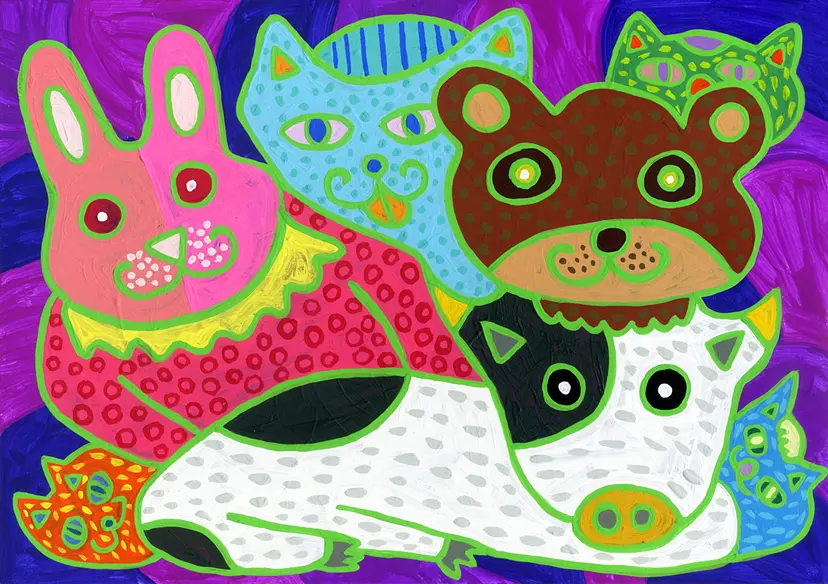 ねこ達に囲まれるうしうさぎくま by カミジョウミカ