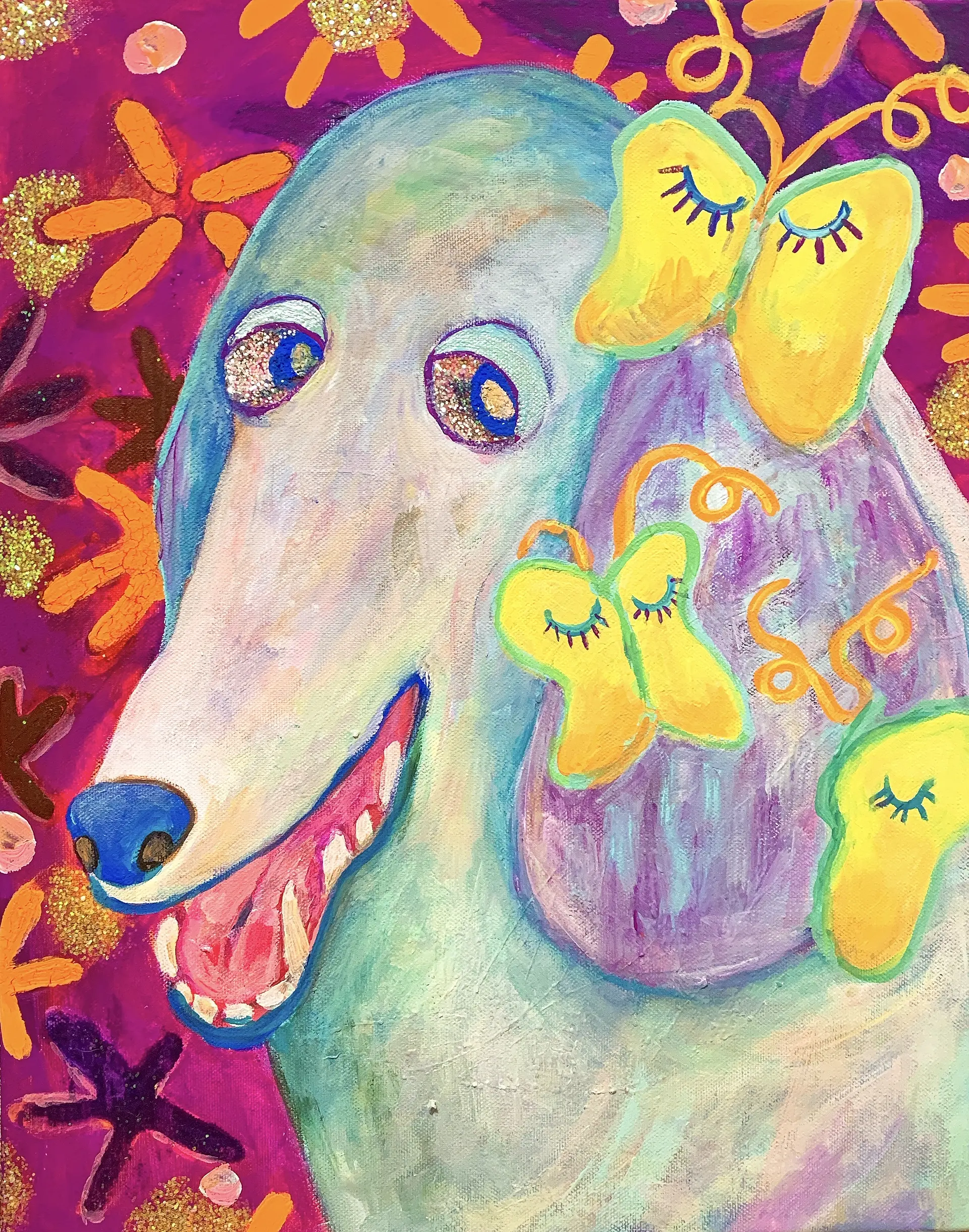 Butterflies sleeping on Borzoi