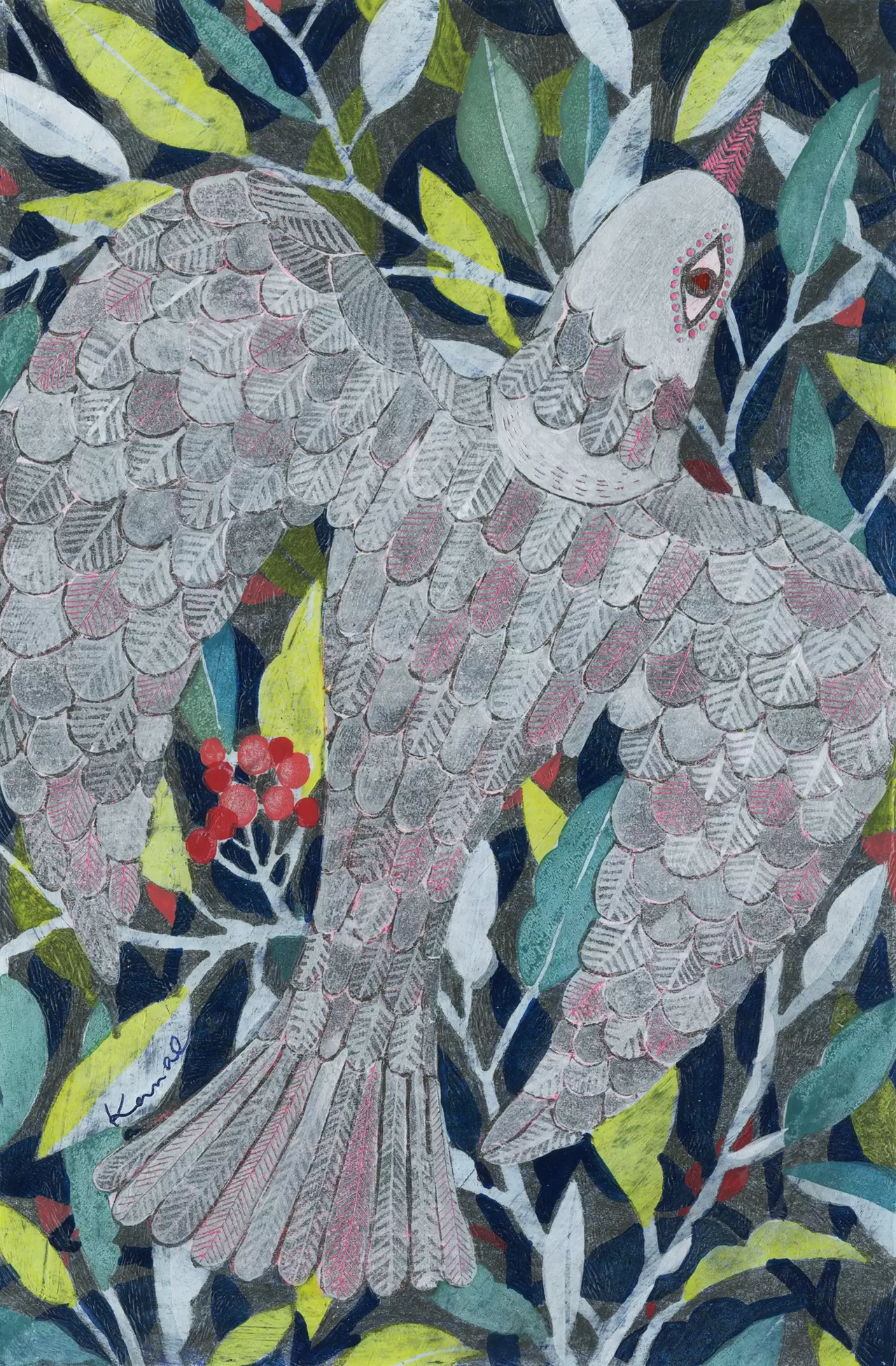 絵　【赤い実を運ぶ鳥さん】 鳥と赤い実 by こうのかなえ | 現代アートの販売・通販 | ArtSticker