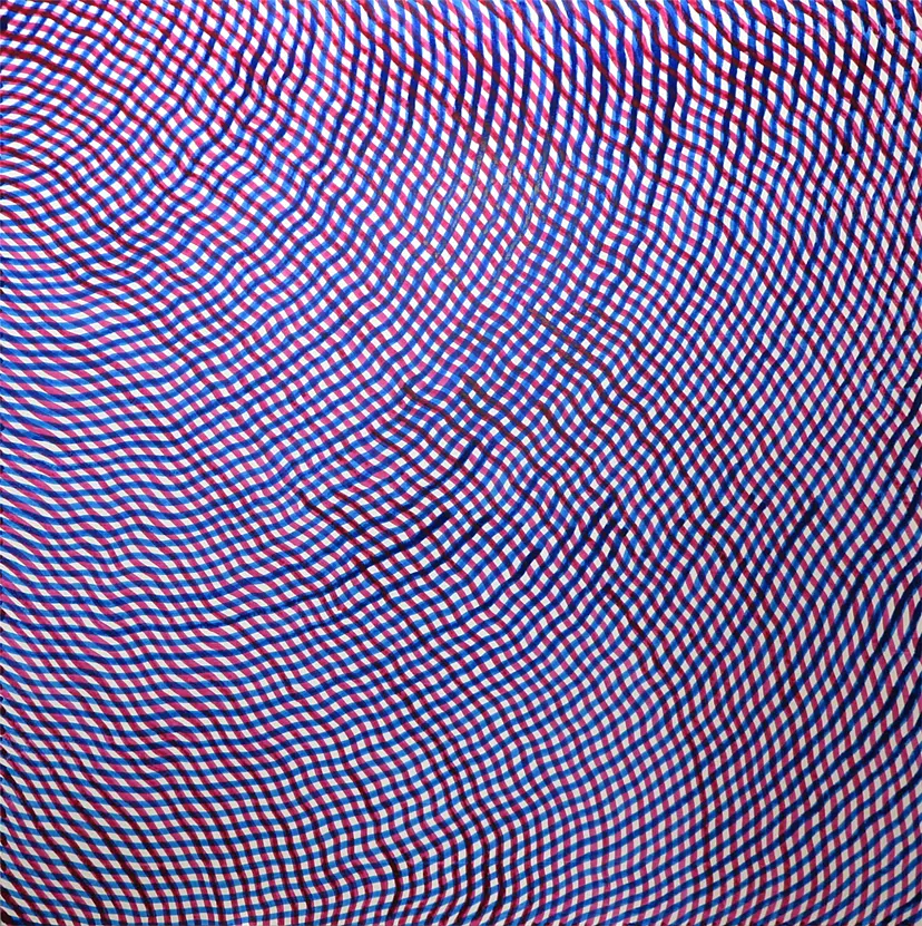 青色と赤色の斜線を引き、交差させていく / I draw blue and red diagonal lines and crossing them by HIRAKO Dan