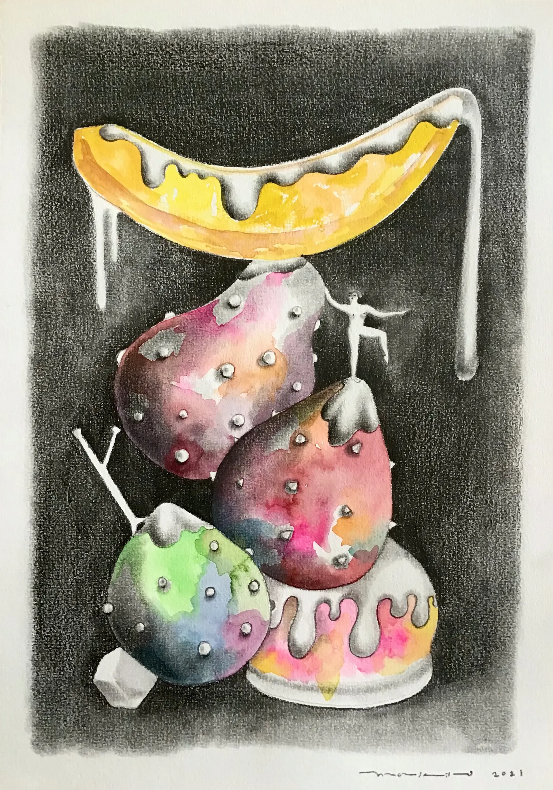 田中麻記子　水彩画「いちごミルク」 田中麻記子水彩画「いちごミルク」