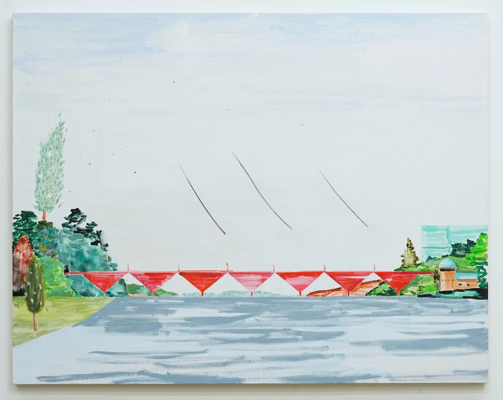 Red bridge,・Rain・Lake