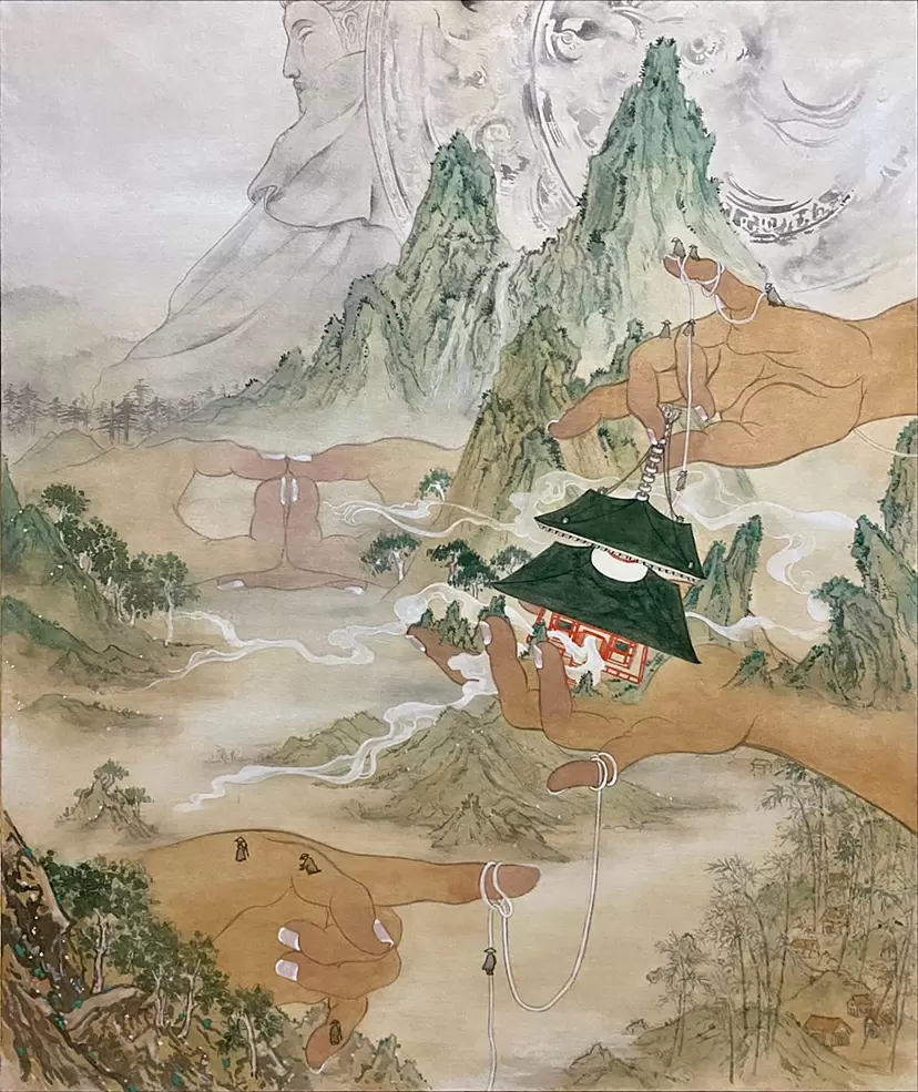日本画　水墨山水　★手書き　1点モノ★嬉しい額装付！外寸約420×420mm11 81y8rMSaIrL.jpg